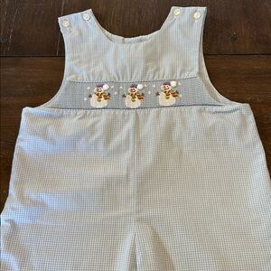Anavini Baby Smocked Snowmen Blue Check Long Pant Romper